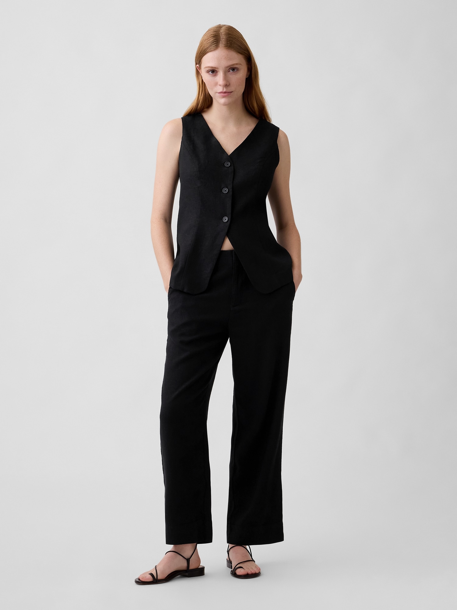 High Rise Linen-Blend Straight Crop Pants