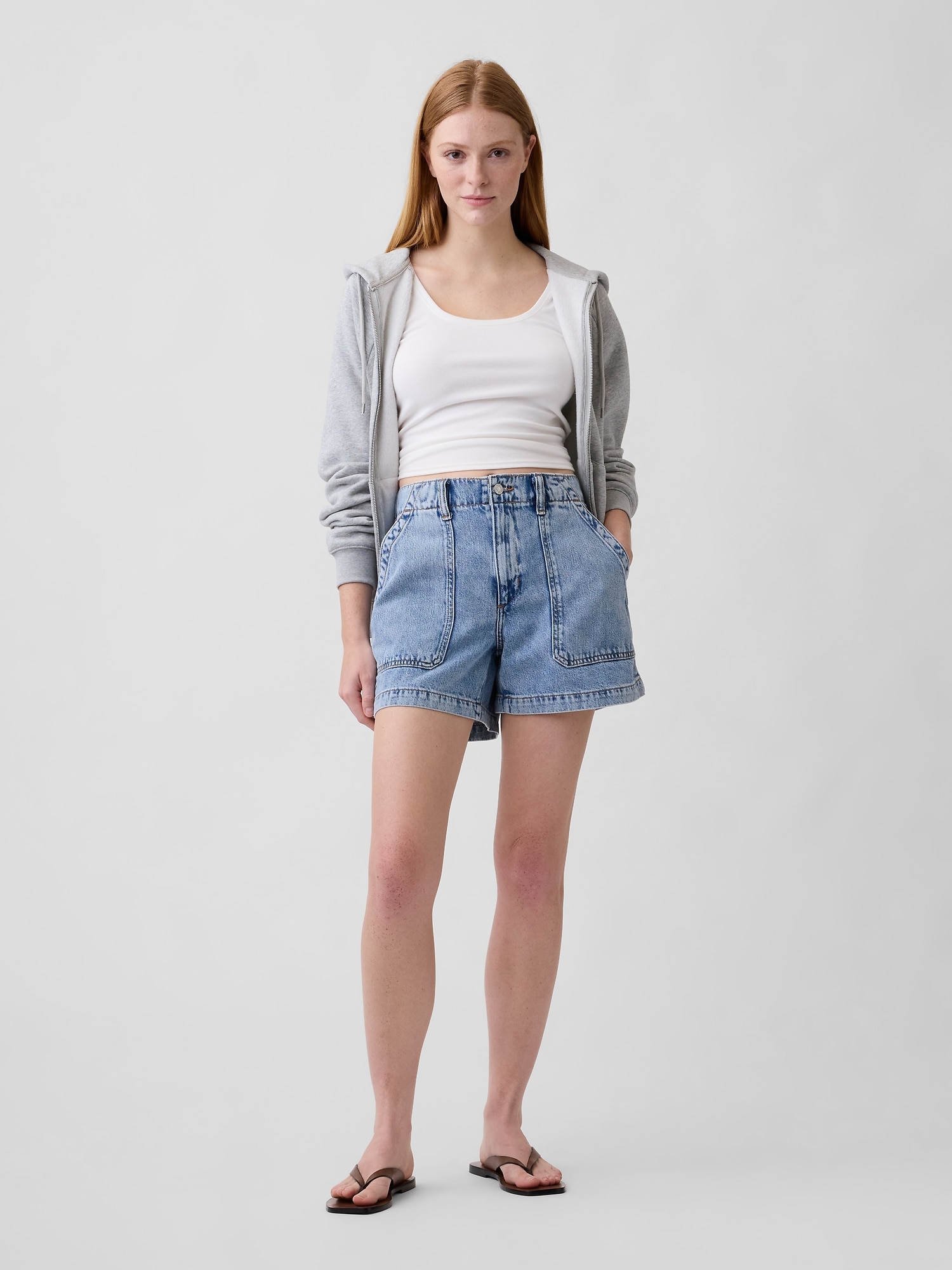 4" High Rise Soft Denim Utility Shorts