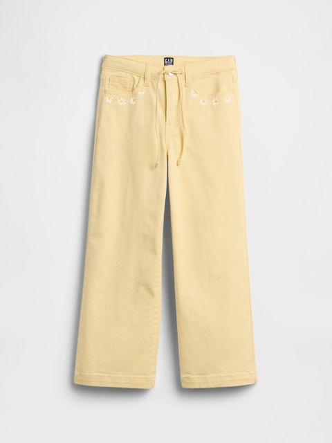 Kids High Rise Embroidered Drawstring Wide-Leg Jeans