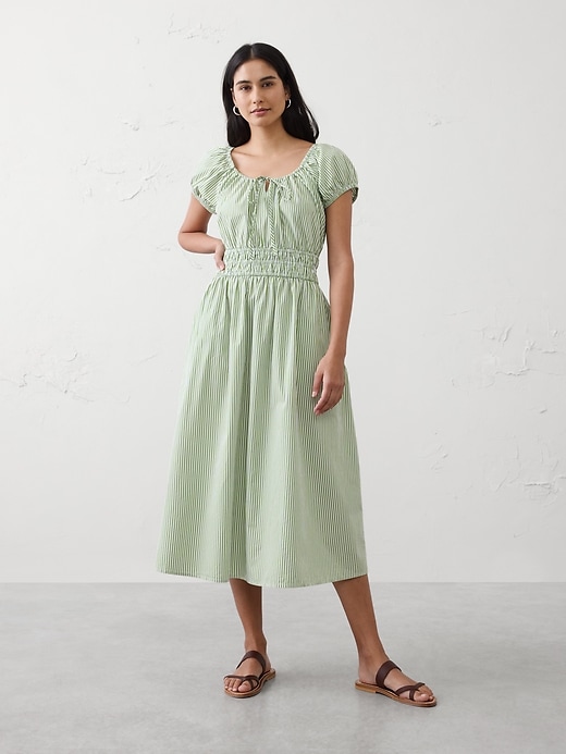 Poplin Gathered-Neck Midi Dress | Banana Republic Factory