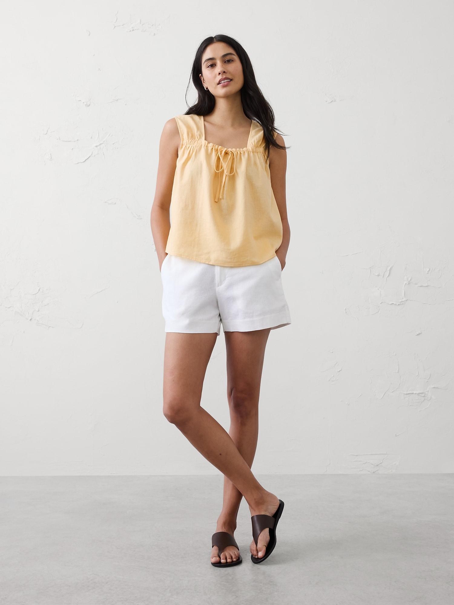 Linen-Blend Tied Popover Top
