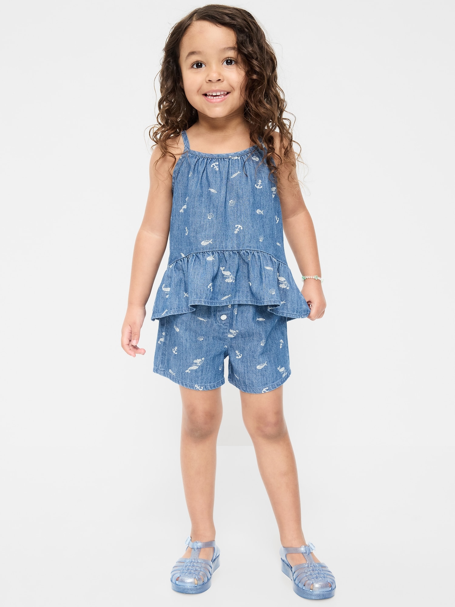 Printed Sleeveless Chambray Top and Shorts Set for Toddler Girls