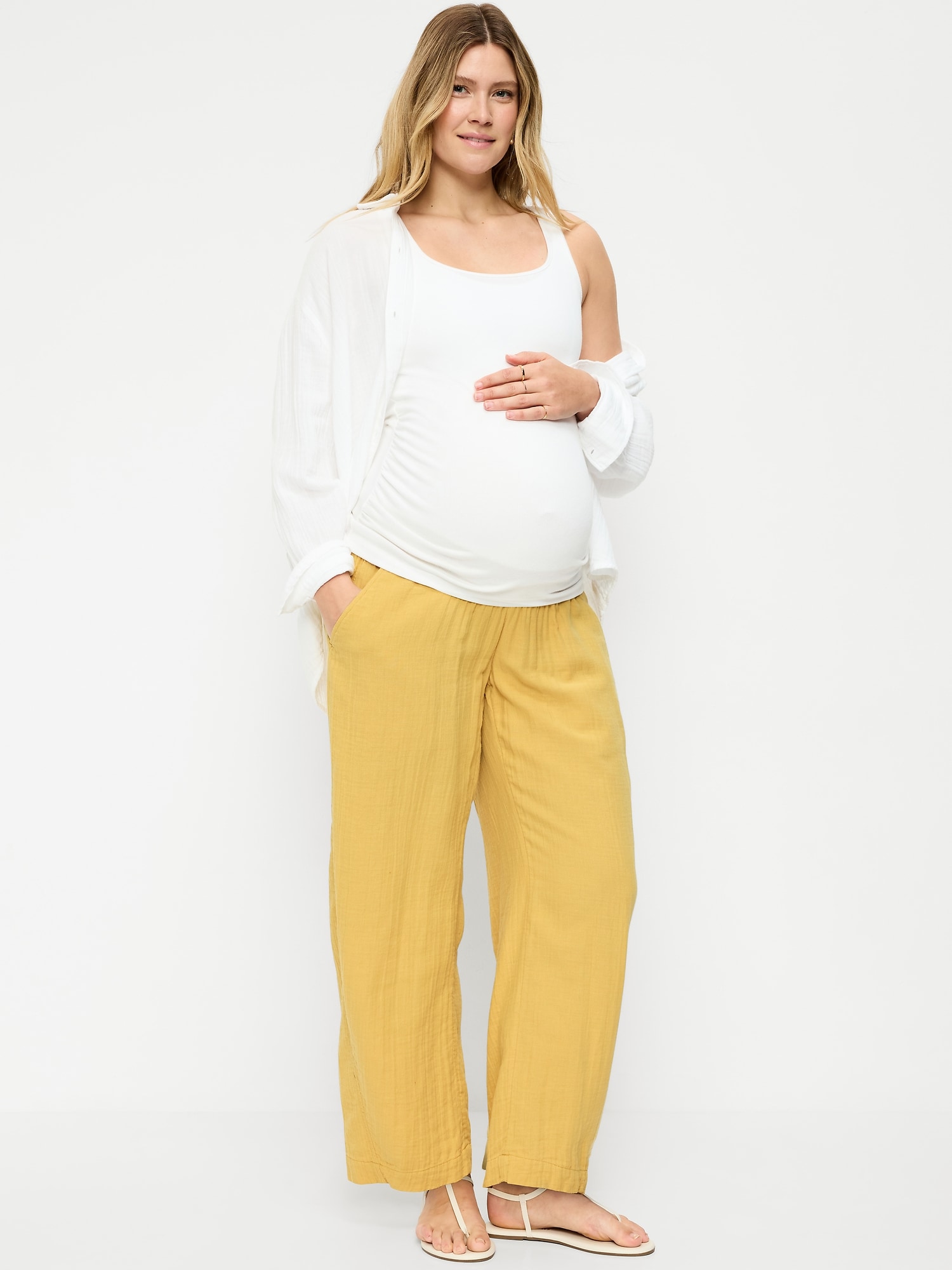 Maternity Rollover-Waist Crinkle Gauze Barrel Leg Ankle Pants