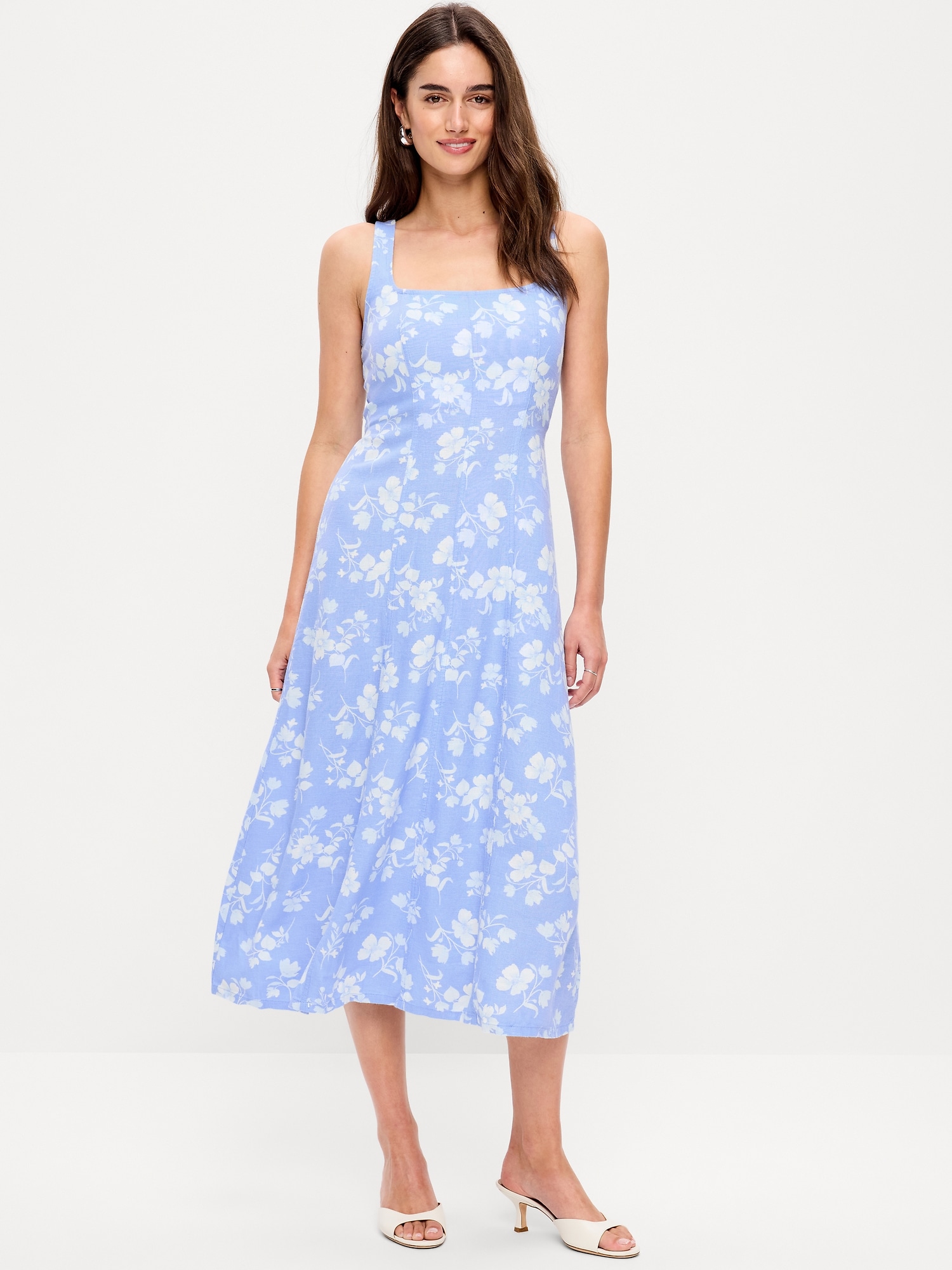 ROBE MI-LONGUE AJUSTÉE ET ÉVASÉE SANS MANCHES EN MÉLANGE DE LIN