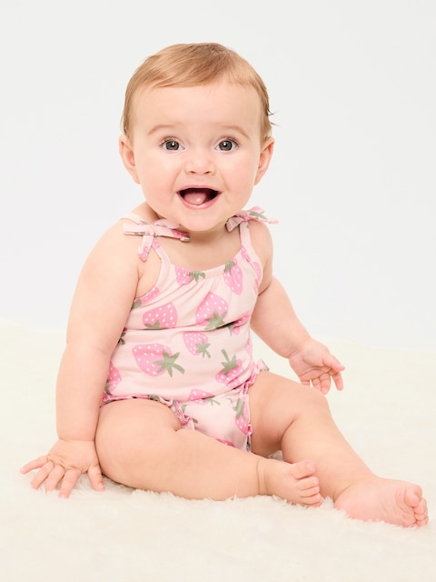 Printed Sleeveless Tie-Strap Romper for Baby