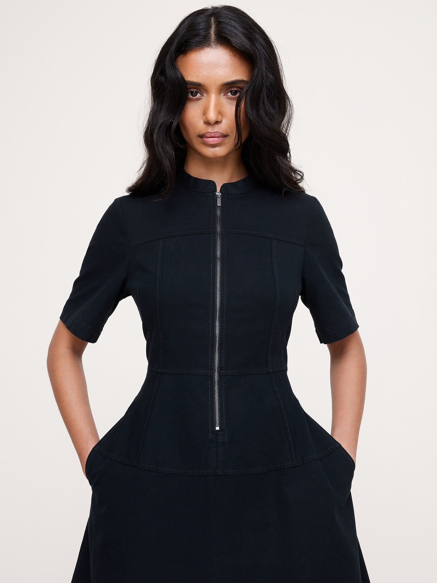 Cotton Canvas Zip-Front Maxi Dress