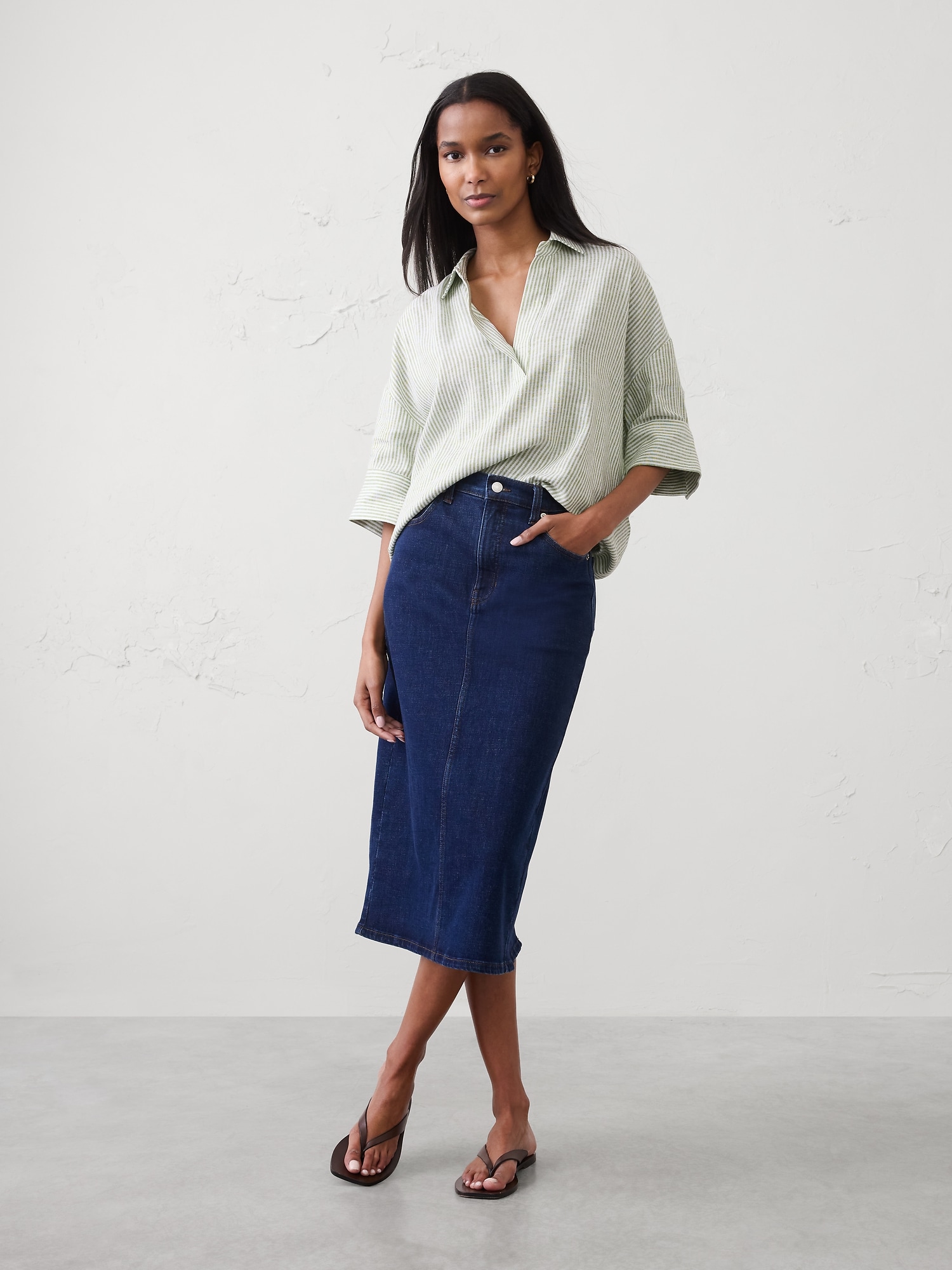 Linen-Blend Drapey Popover Shirt