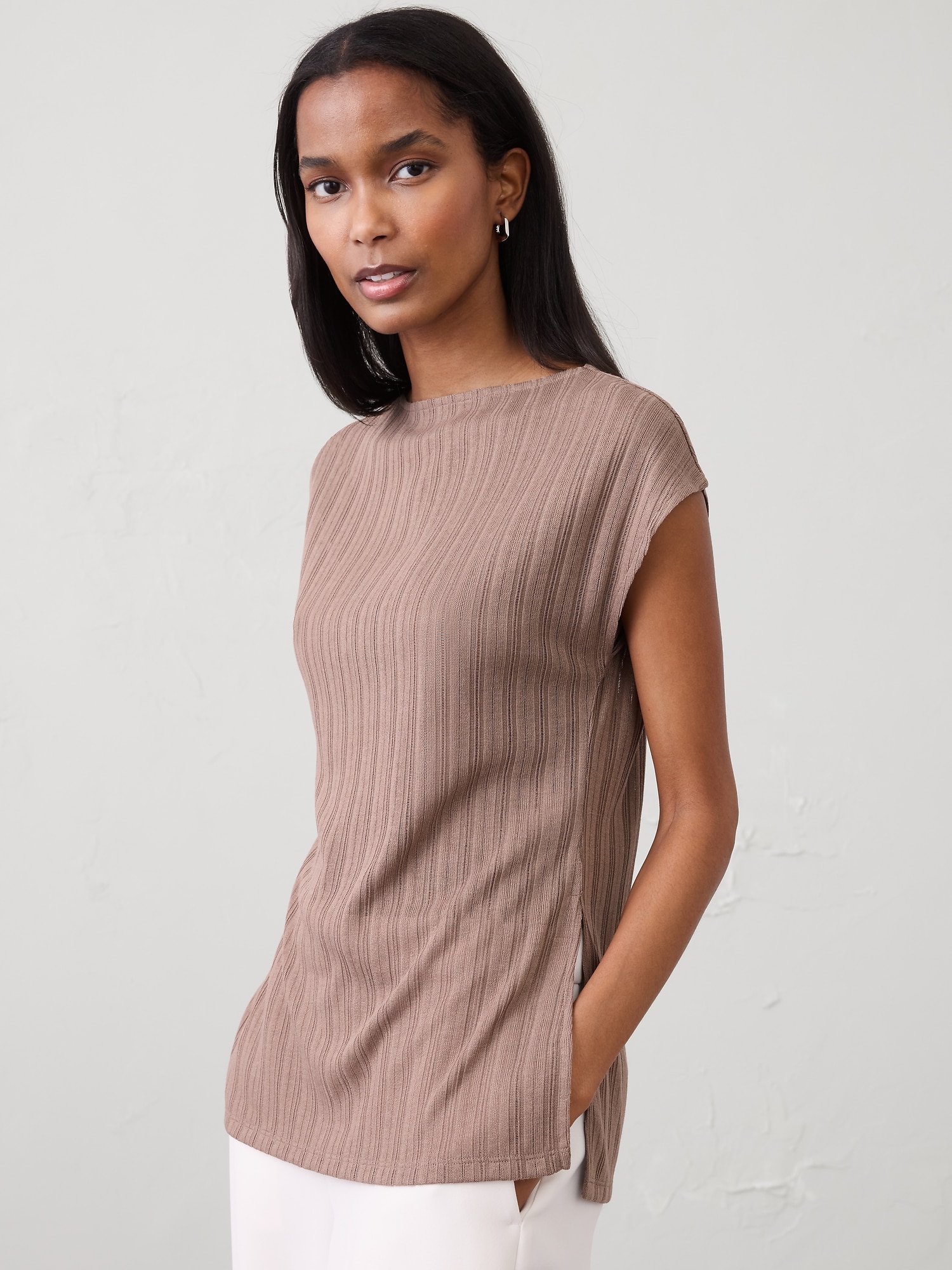 Sheer Ribbed Straight-Neck Top