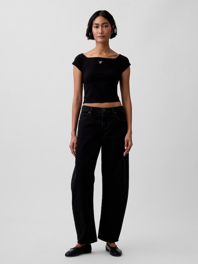 クロースニット ジャージー オフショルダー クロップドTシャツ-1