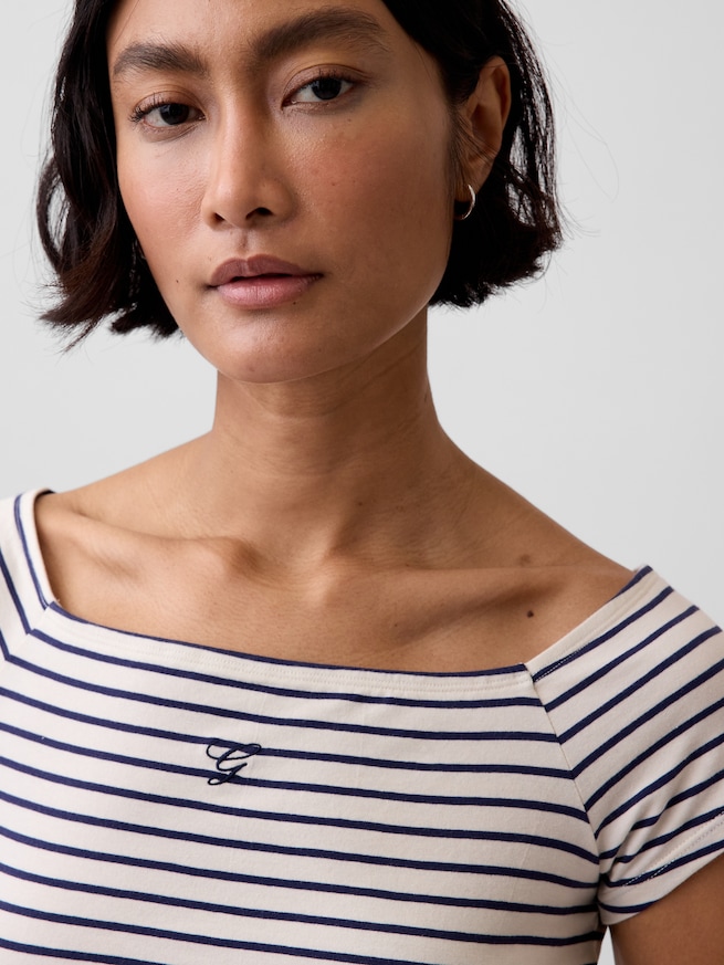 クロースニット ジャージー オフショルダー クロップドTシャツ-3