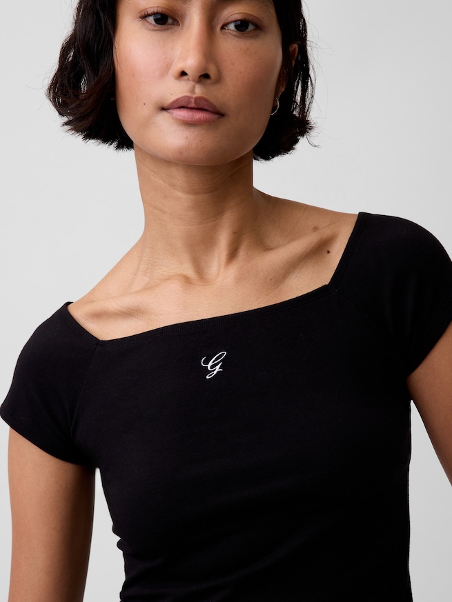 クロースニット ジャージー オフショルダー クロップドTシャツ-3