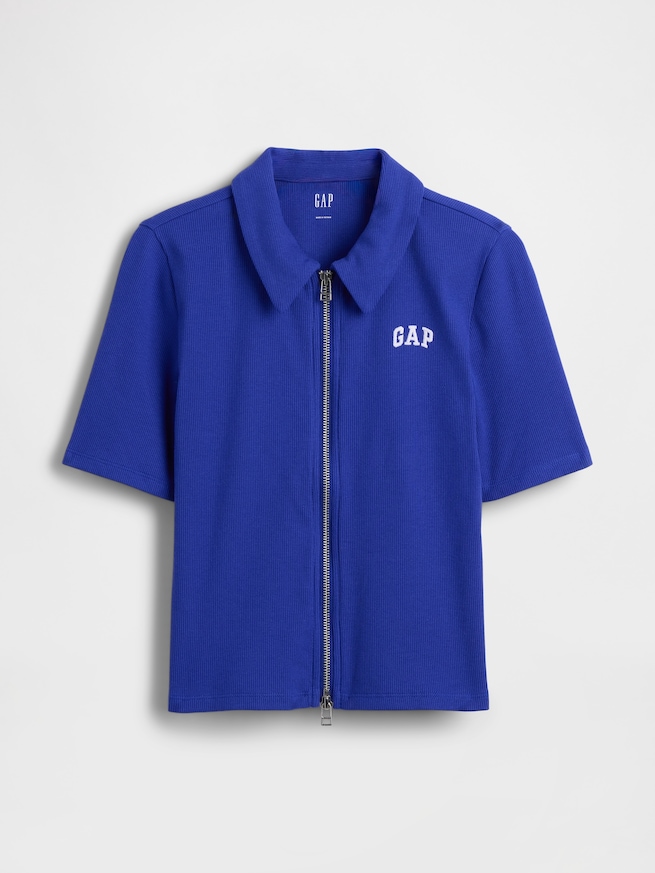 リブ クロップド GAPロゴ ジップアップ ポロシャツ-5