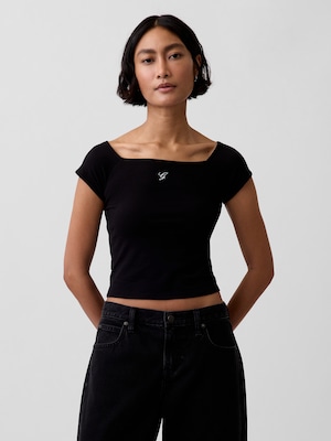 クロースニット ジャージー オフショルダー クロップドTシャツ