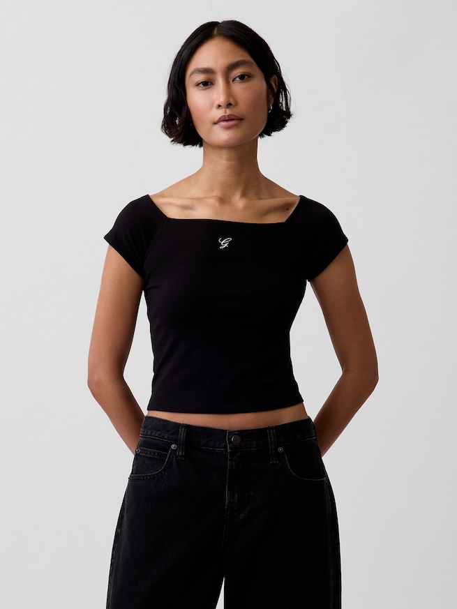 クロースニット ジャージー オフショルダー クロップドTシャツ-0