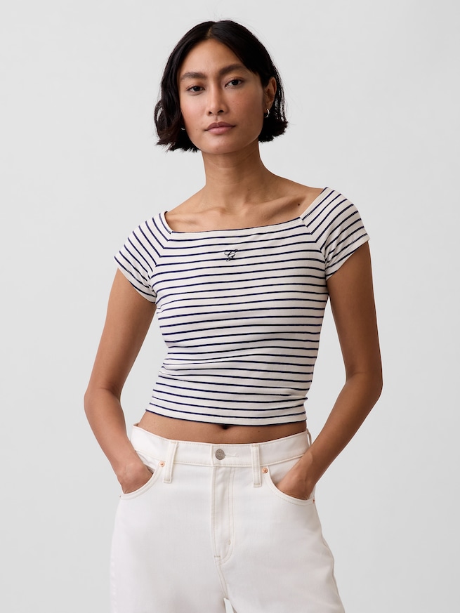 クロースニット ジャージー オフショルダー クロップドTシャツ-0