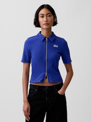 リブ クロップド GAPロゴ ジップアップ ポロシャツ