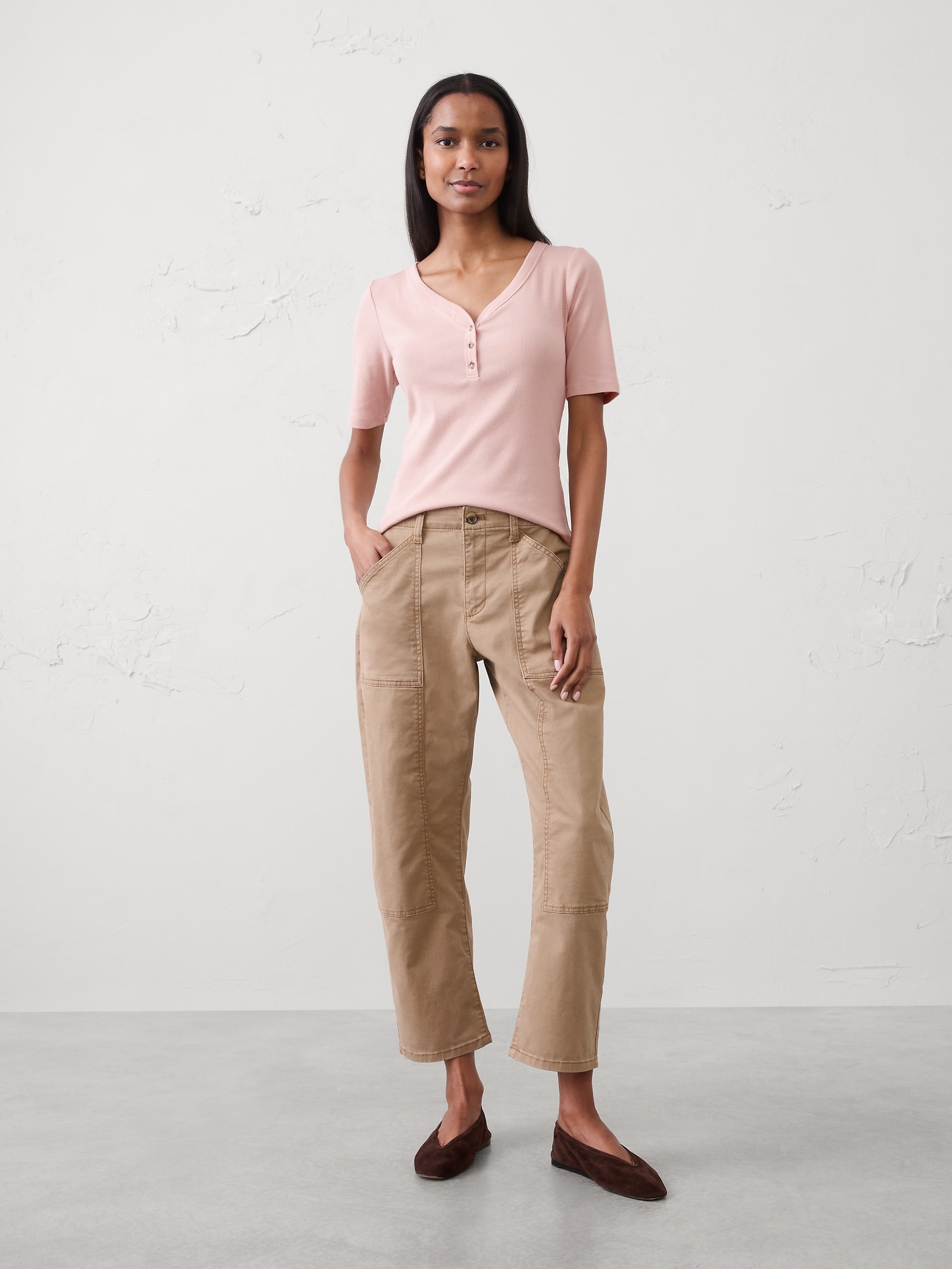 Ribbed Elbow-Sleeve Henley T-Shirt