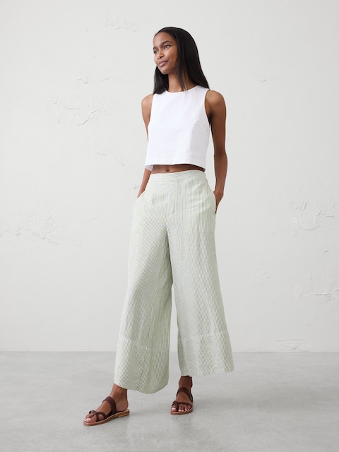 Wide-Leg High-Rise Linen-Blend Pull-On Cropped Pant