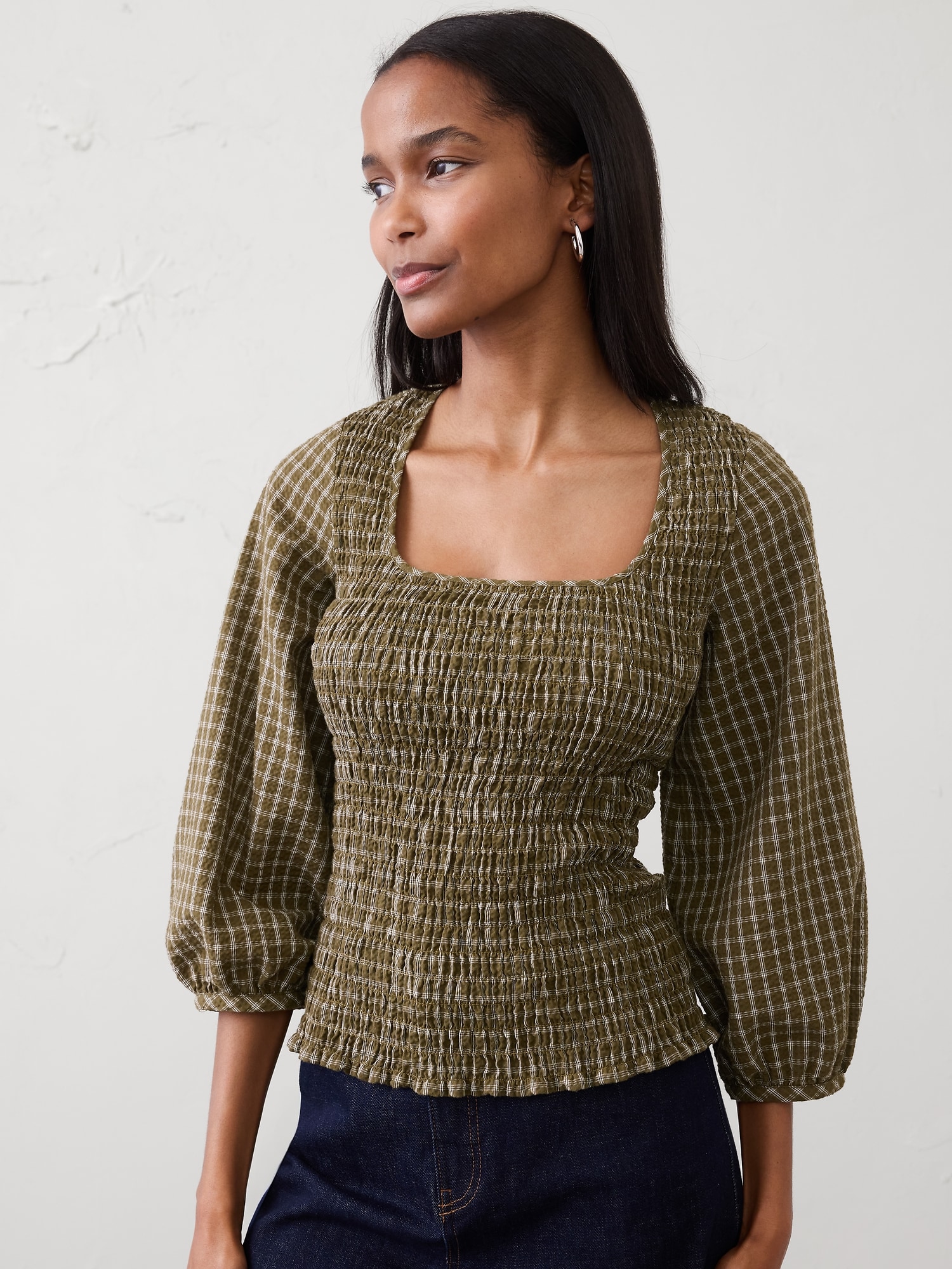 Seersucker Smocked-Bodice Top