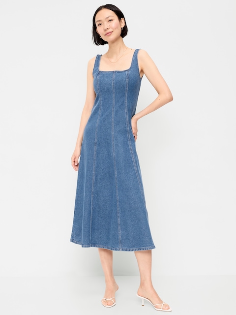 ROBE MI-LONGUE AJUSTÉE ET ÉVASÉE SANS MANCHES EN DENIM