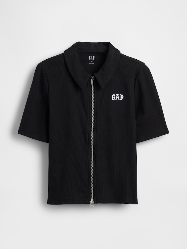 リブ クロップド GAPロゴ ジップアップ ポロシャツ-4