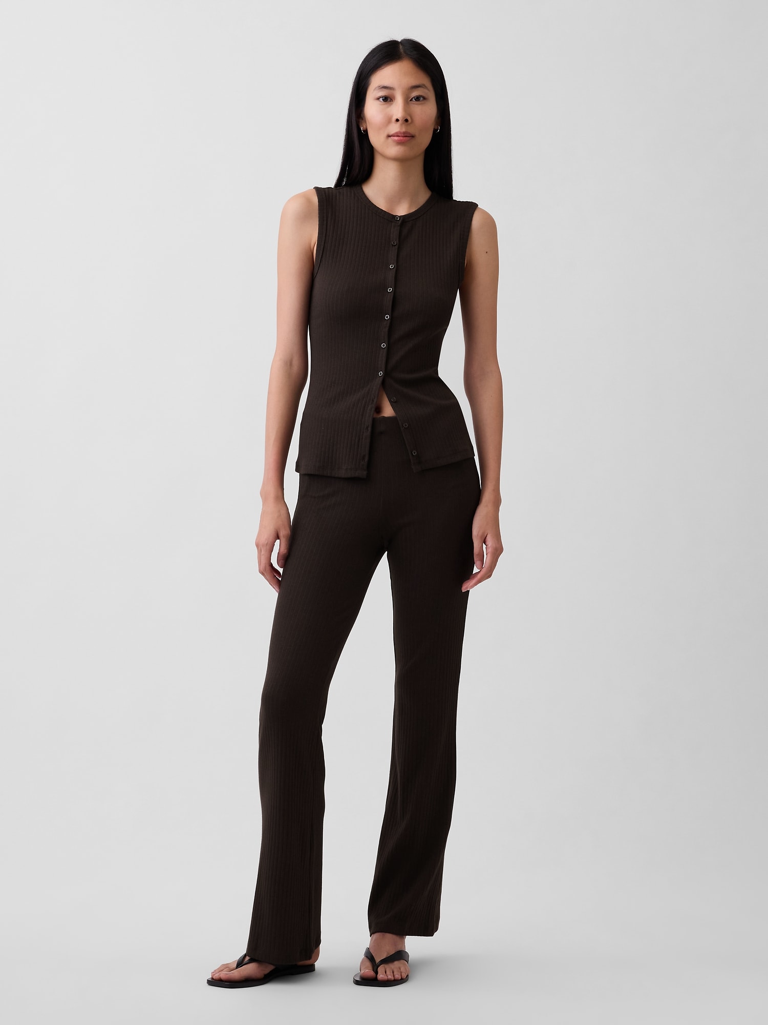 モダン ワイド リブ フロントボタン トップス-1