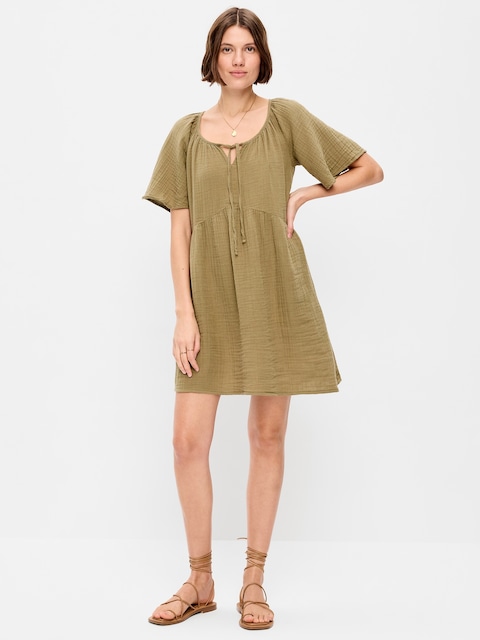Crinkle Gauze Flutter-Sleeve Mini Swing Dress