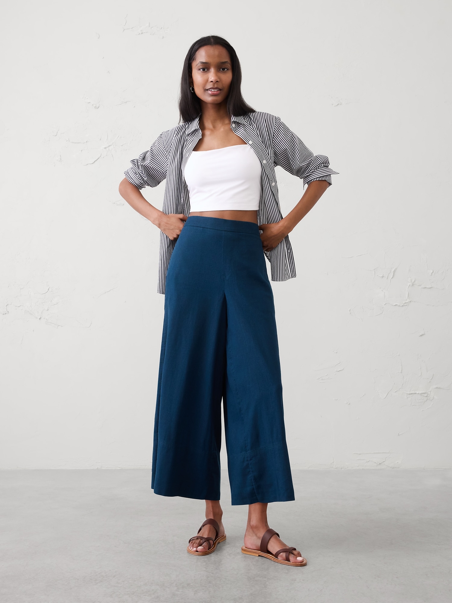 Wide-Leg High-Rise Linen-Blend Pull-On Cropped Pant