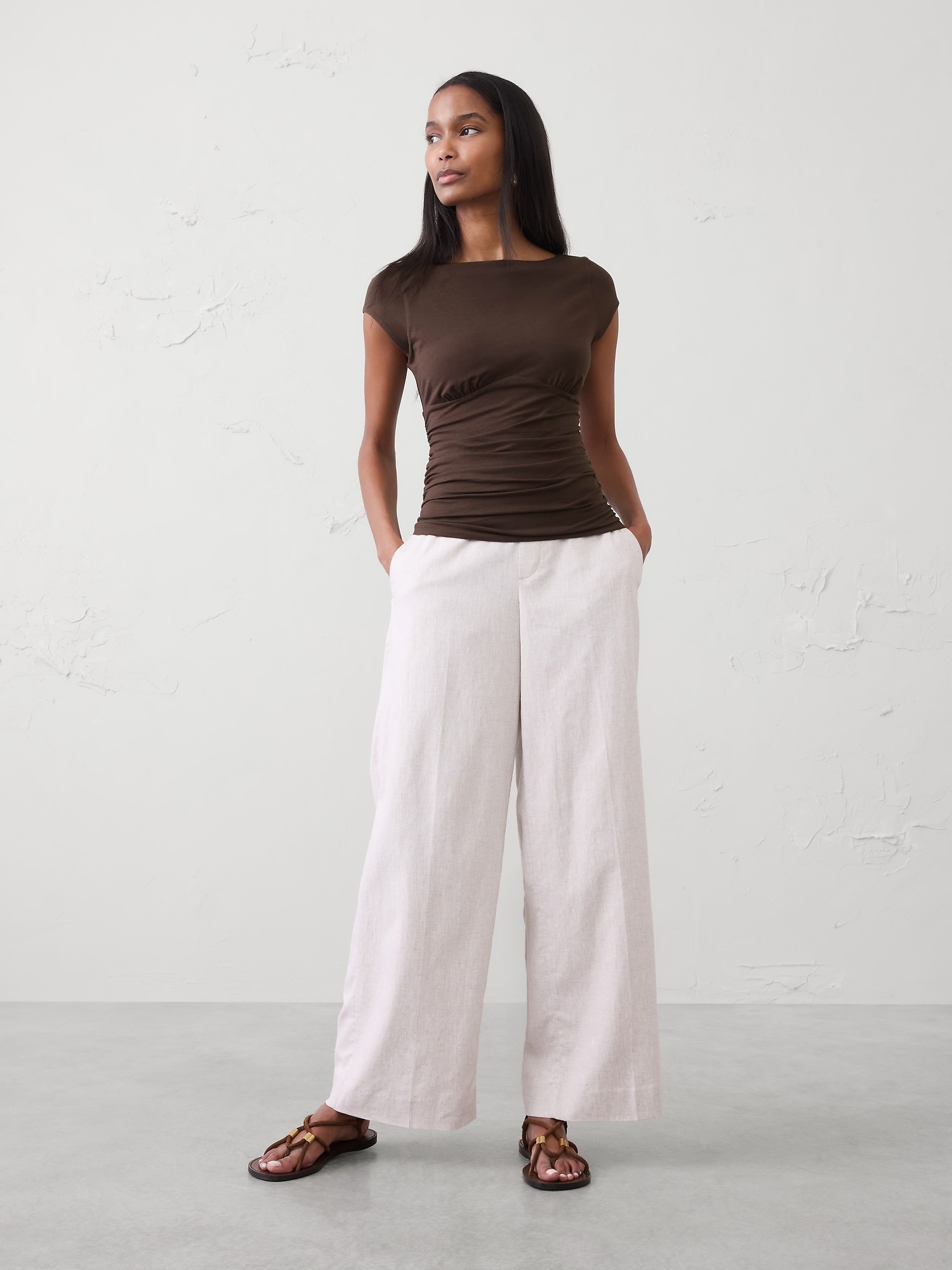 Soft Stretch Cap-Sleeve Ruched Top