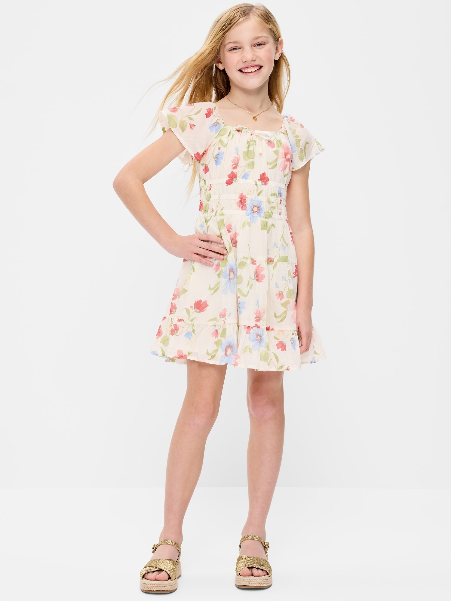 ROBE EN GAZE FROISSÉE AJUSTÉE ET ÉVASÉE À VOLANTS POUR FILLE