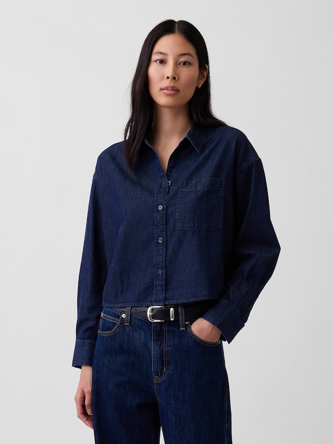 ウルトラソフトデニム ストレートヘム クロップドシャツ-0