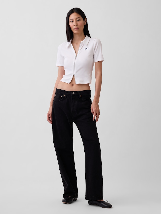 リブ クロップド GAPロゴ ジップアップ ポロシャツ-1