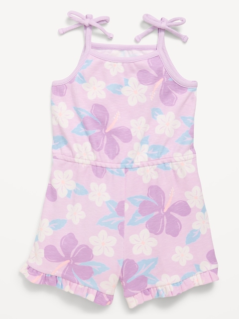 Printed Sleeveless Ribbed Tie-Bow Romper for Toddler Girls