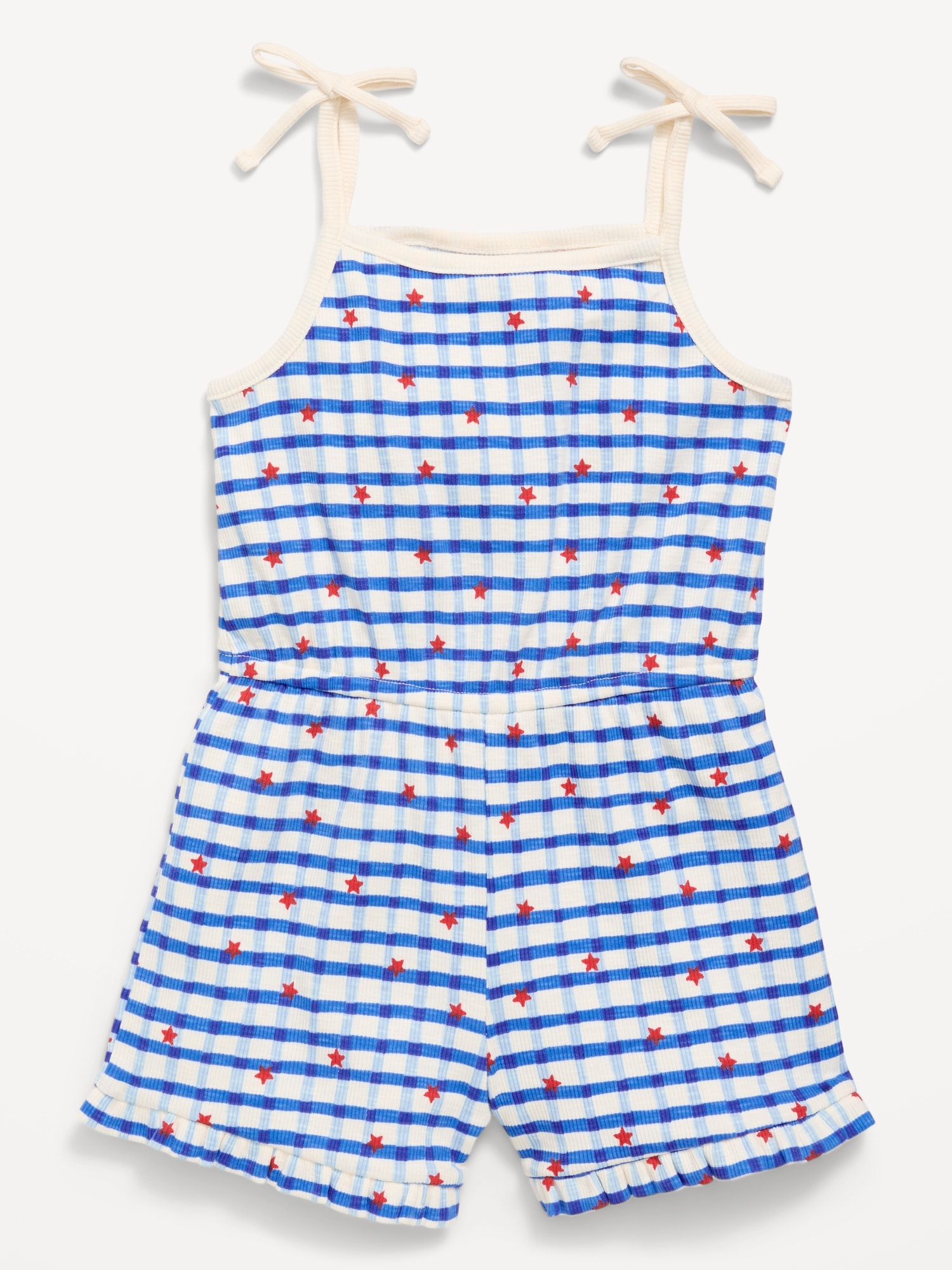 Printed Sleeveless Ribbed Tie-Bow Romper for Toddler Girls
