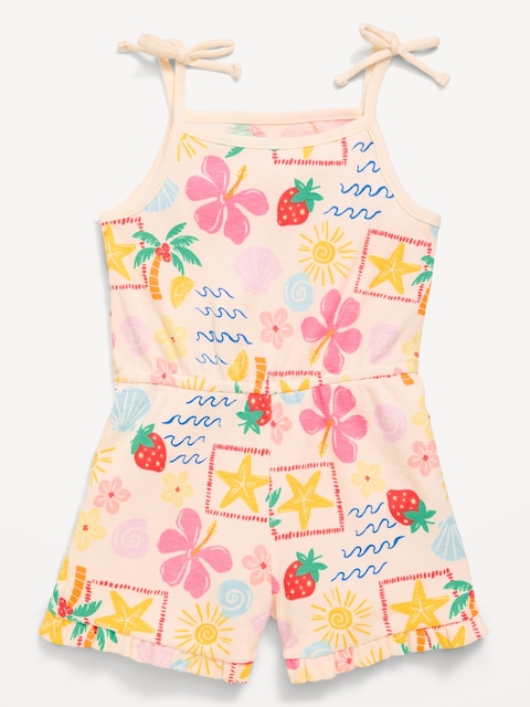 Printed Sleeveless Ribbed Tie-Bow Romper for Toddler Girls