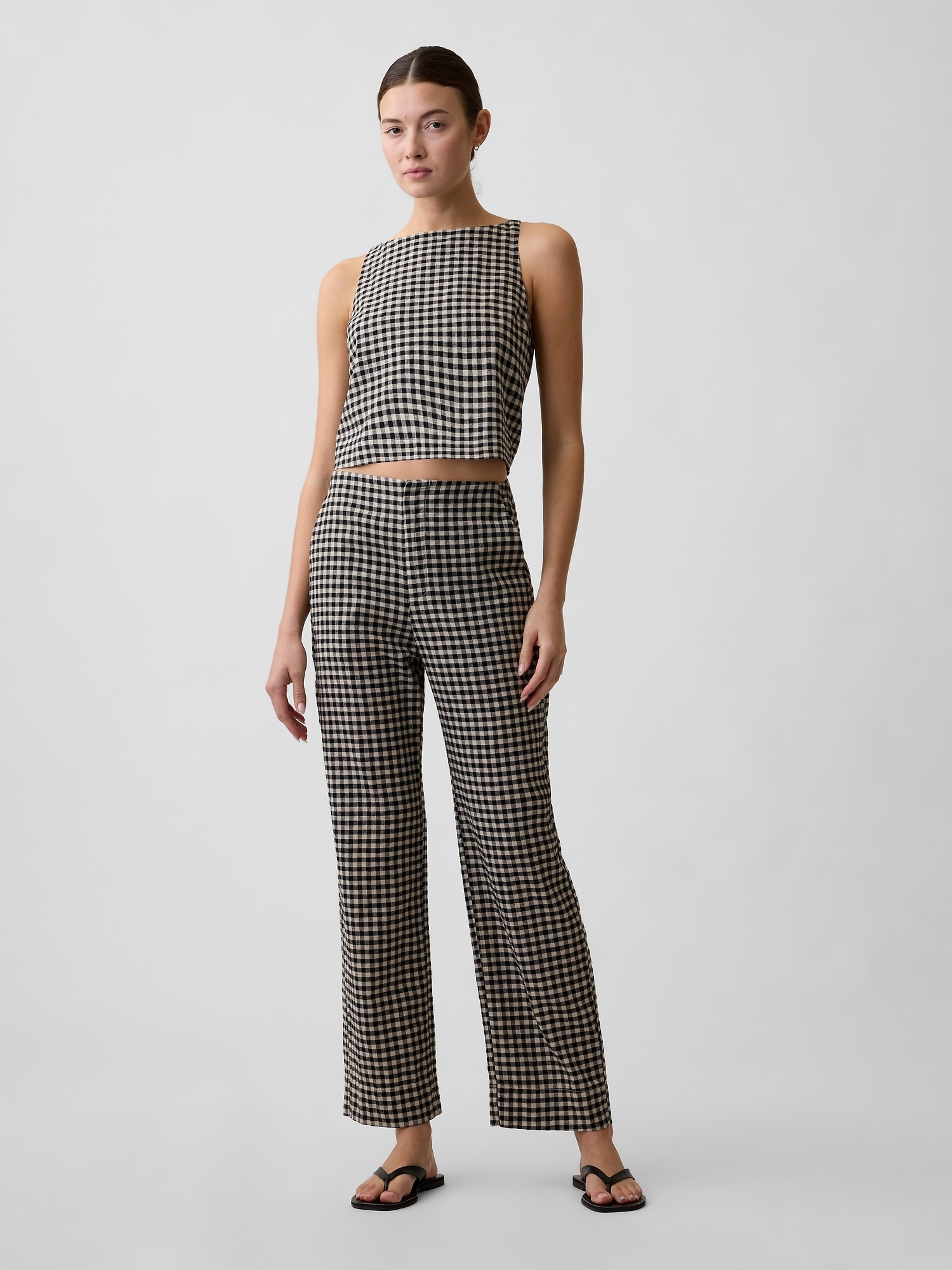High Rise Linen-Blend Straight Crop Pants