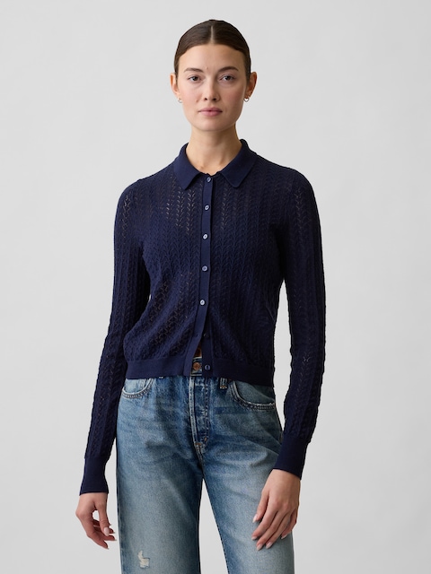 Lace-Stitch Collared Cardigan