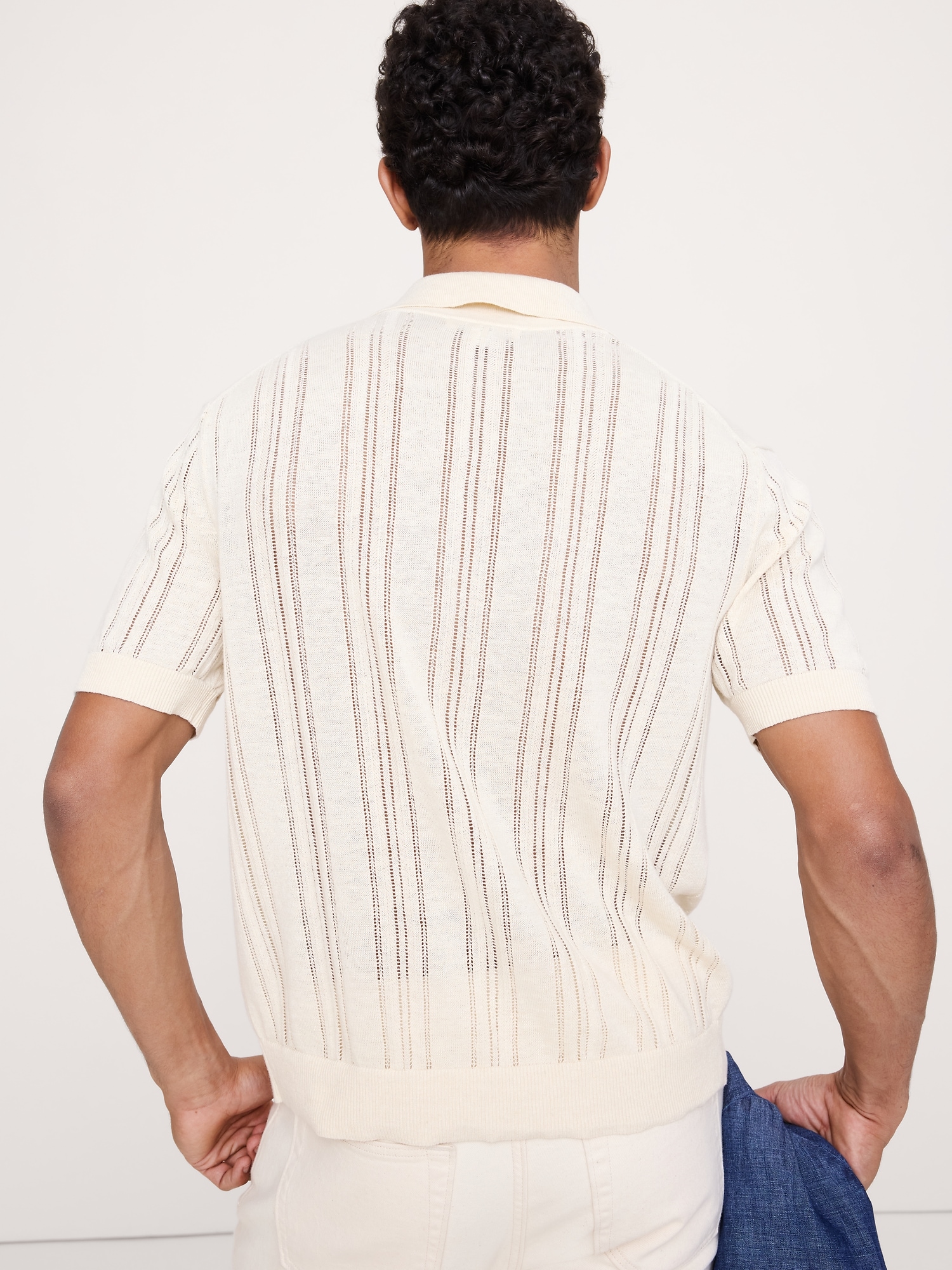 Pointelle Linen-Cotton Polo Cardigan