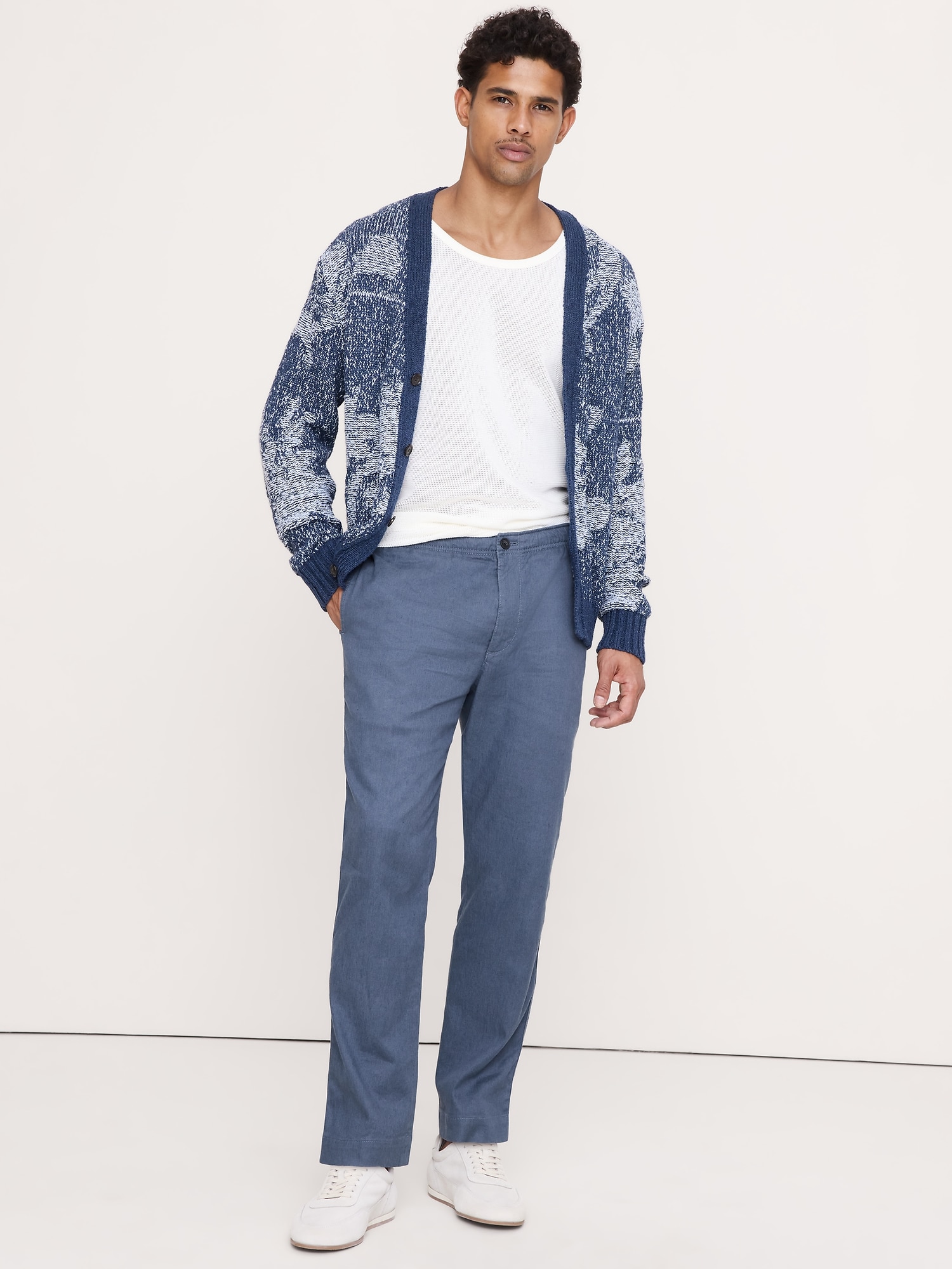 PANTALON DROIT À TAILLE EXTENSIBLE EN LIN ET COTON ITALIEN