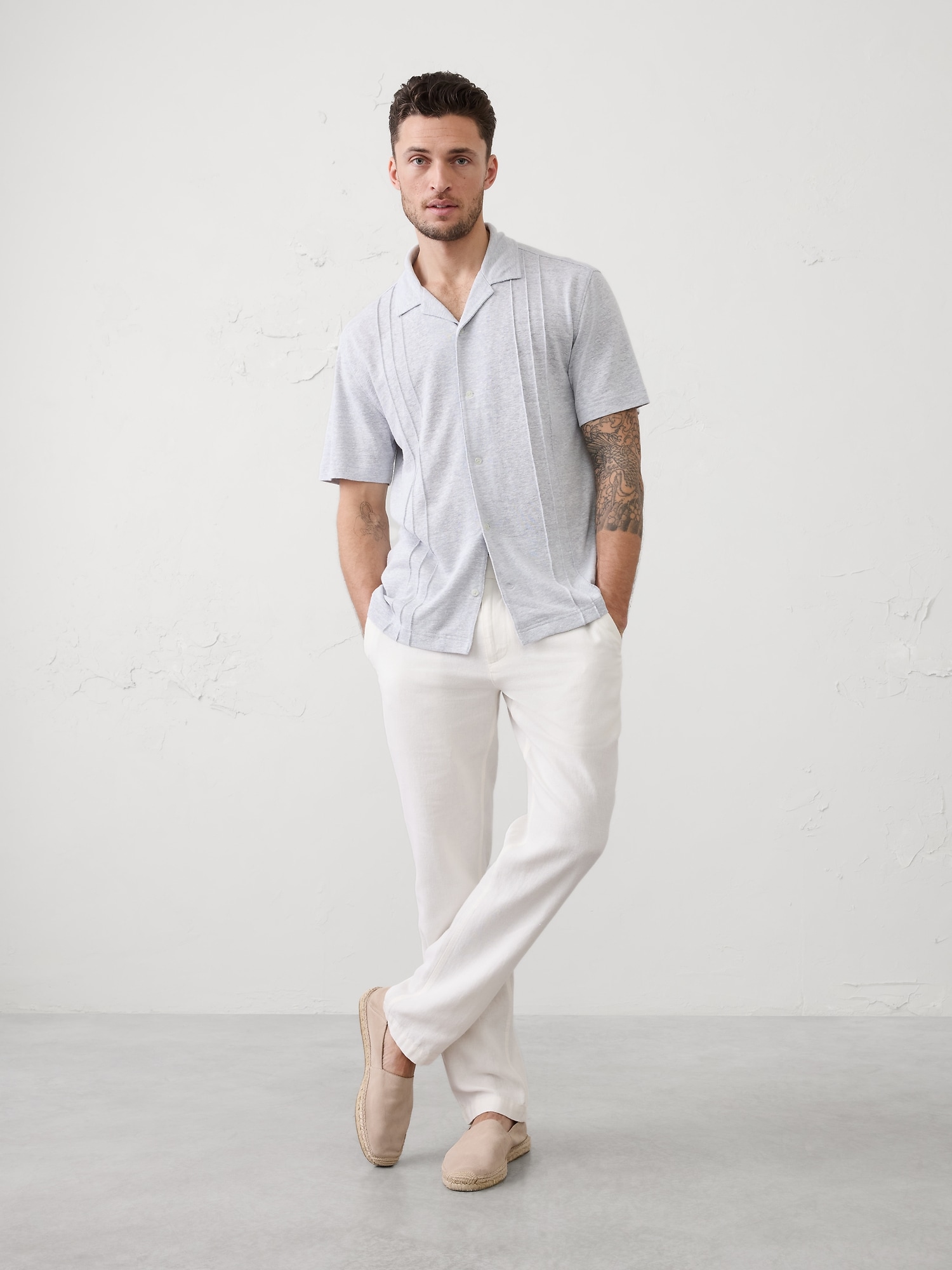 Standard-Fit Linen-Blend Pintuck Polo
