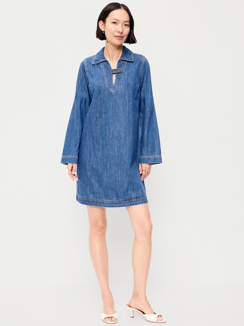 Long-Sleeve Popover Jean Mini Dress