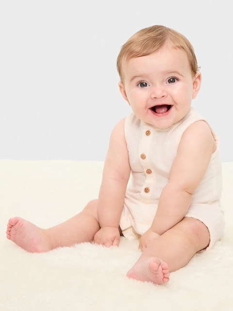 Sleeveless Double-Weave Henley One-Piece Romper for Baby