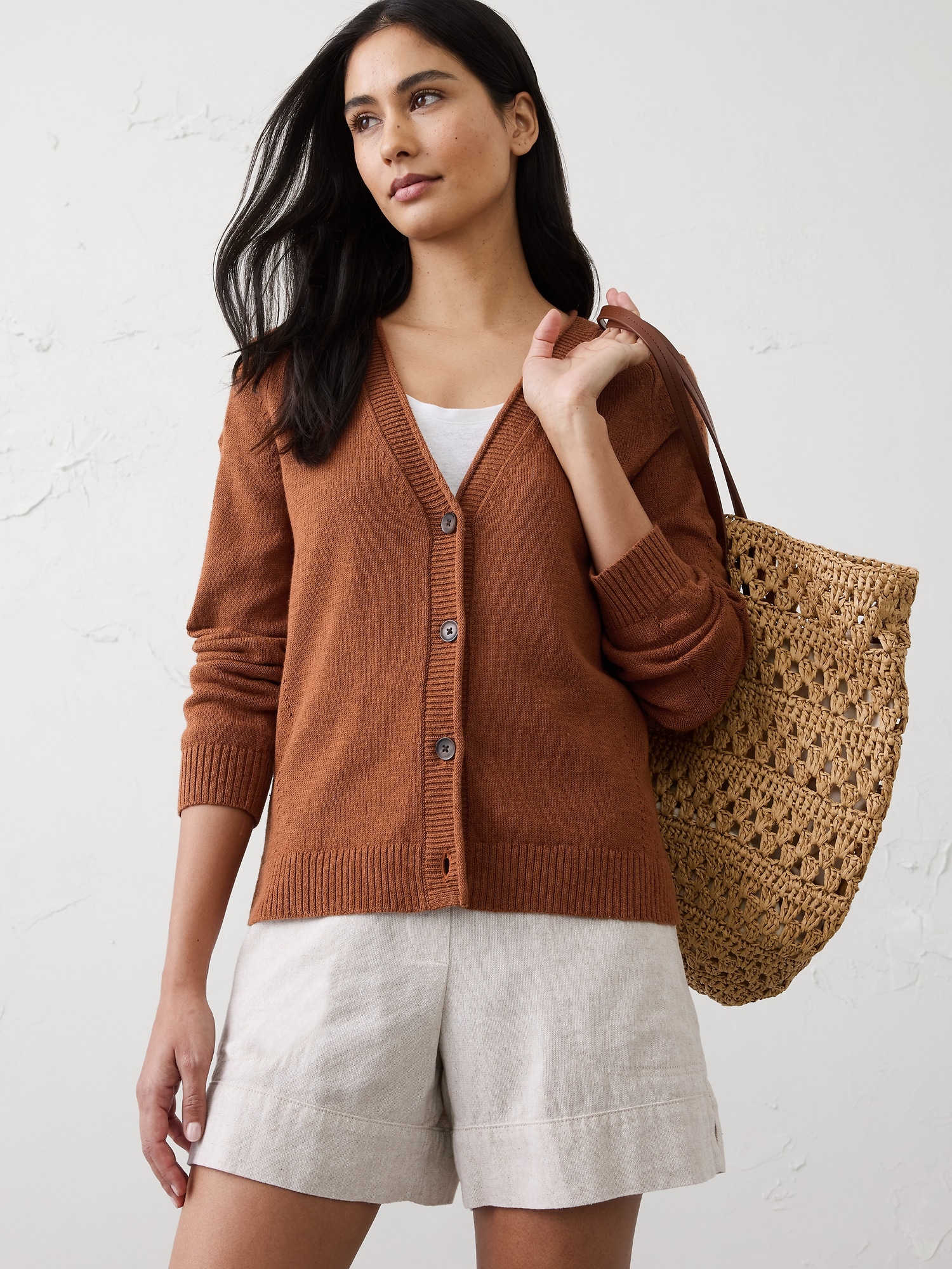 Ramie-Cotton V-Neck Cardigan Sweater