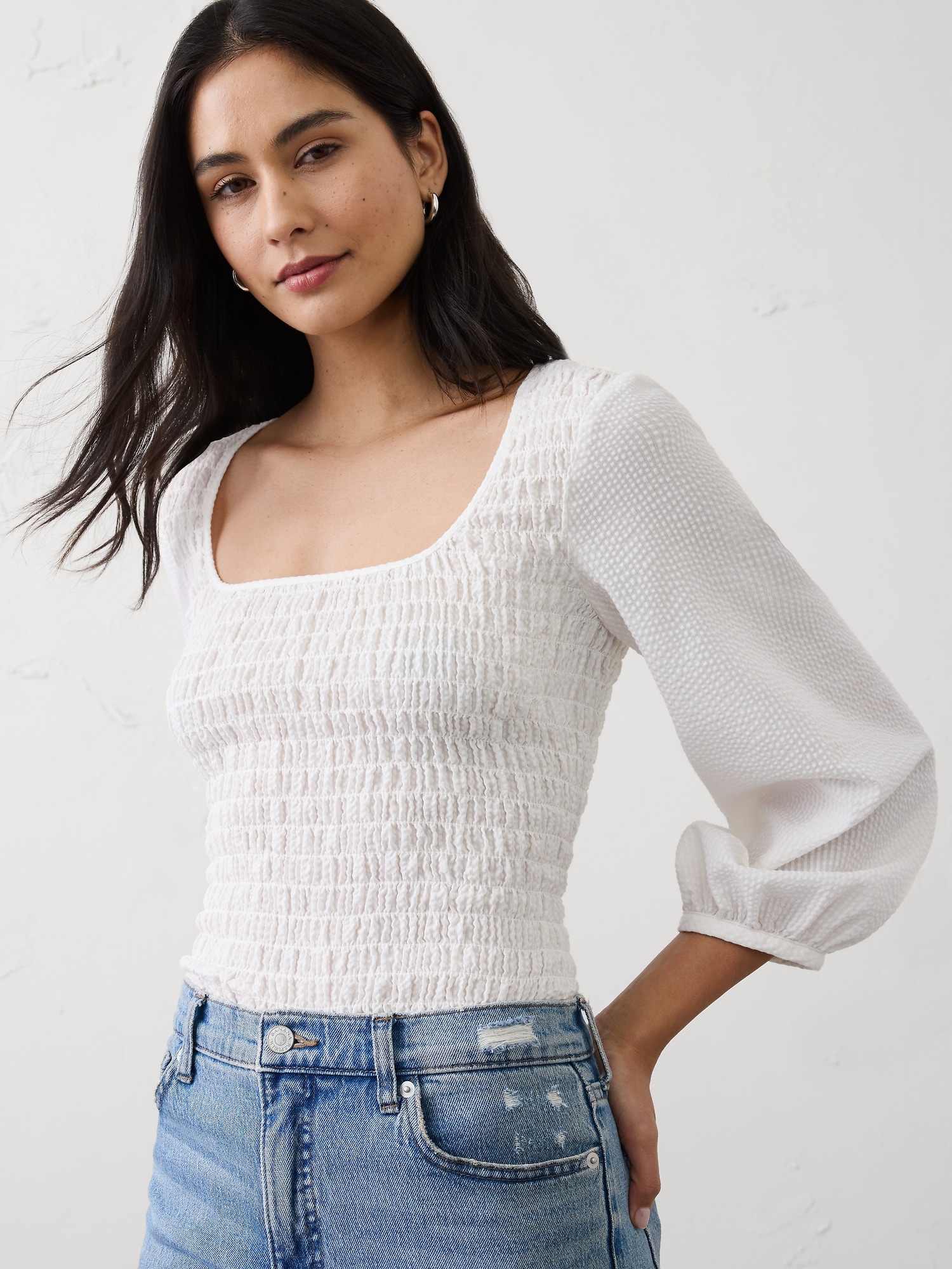 Seersucker Smocked-Bodice Top