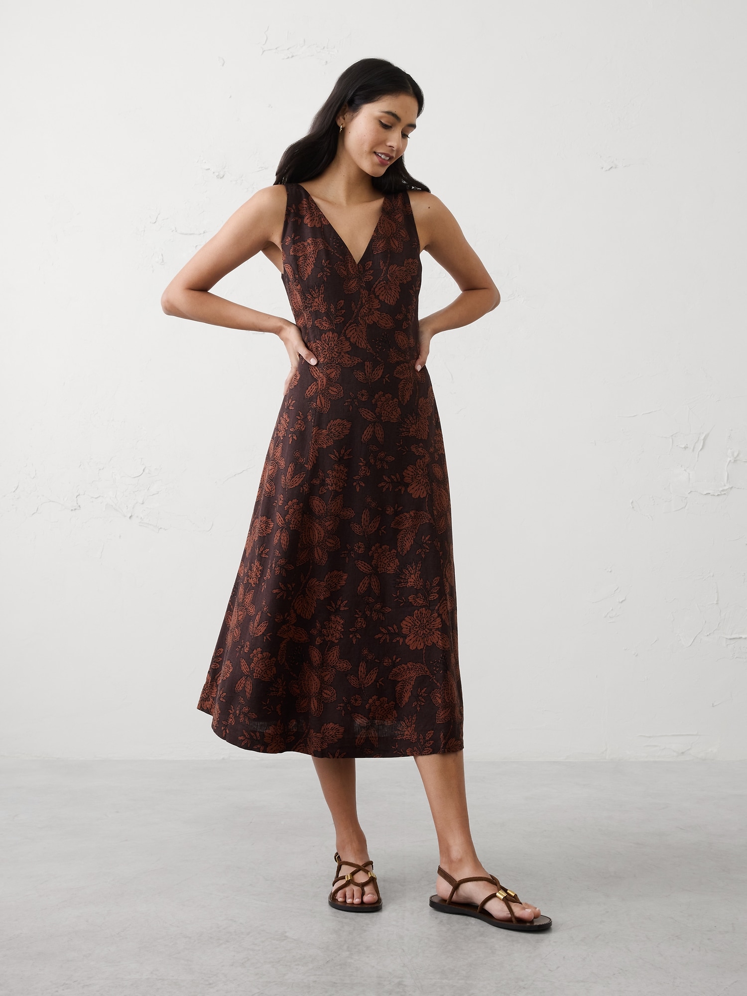 Linen-Blend Drapey Midi Dress