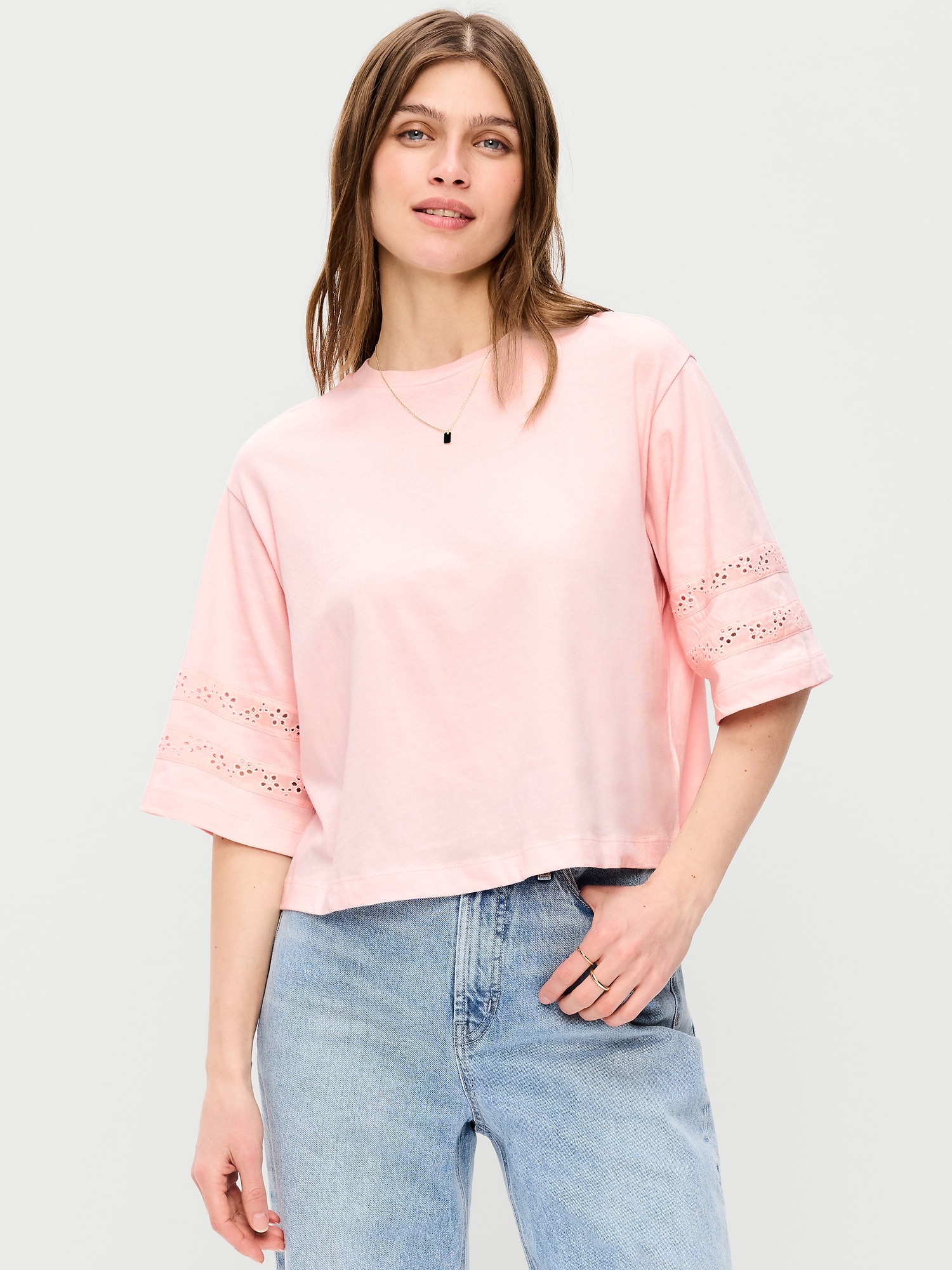 Vintage Crew-Neck Cropped Lace-Trim T-Shirt