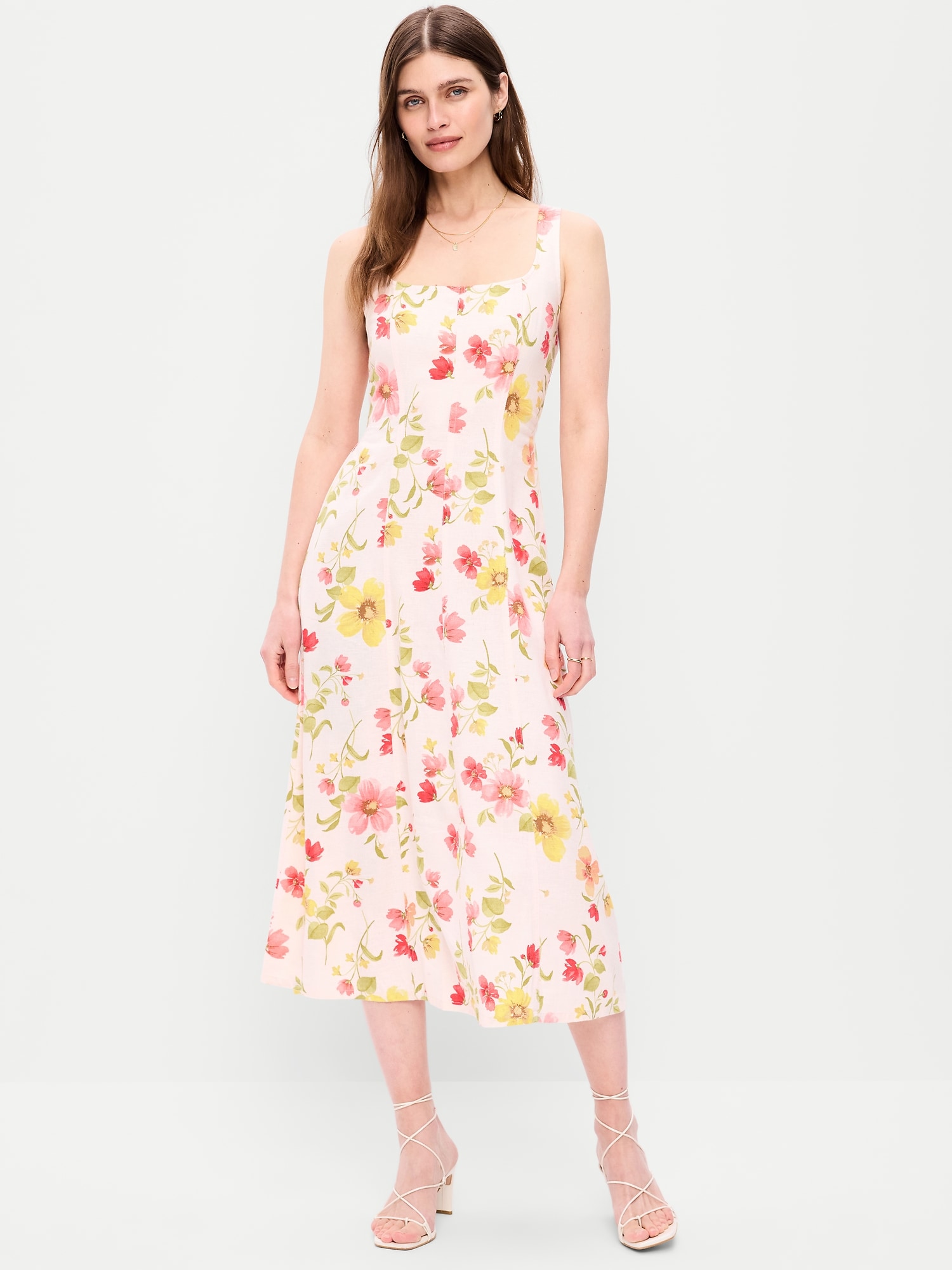 ROBE MI-LONGUE AJUSTÉE ET ÉVASÉE SANS MANCHES EN MÉLANGE DE LIN