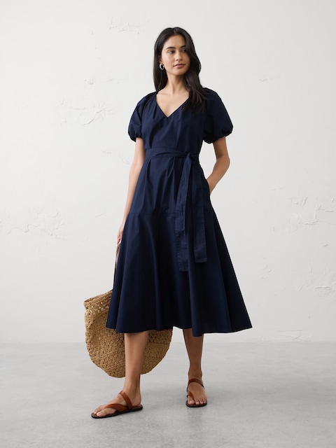 Poplin Gathered-Shoulder Midi Dress