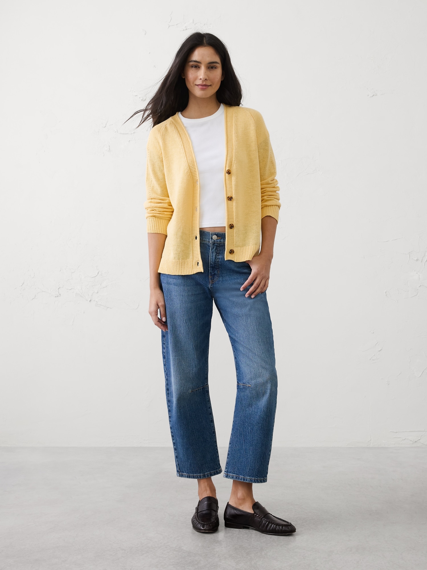 Ramie-Cotton V-Neck Cardigan Sweater