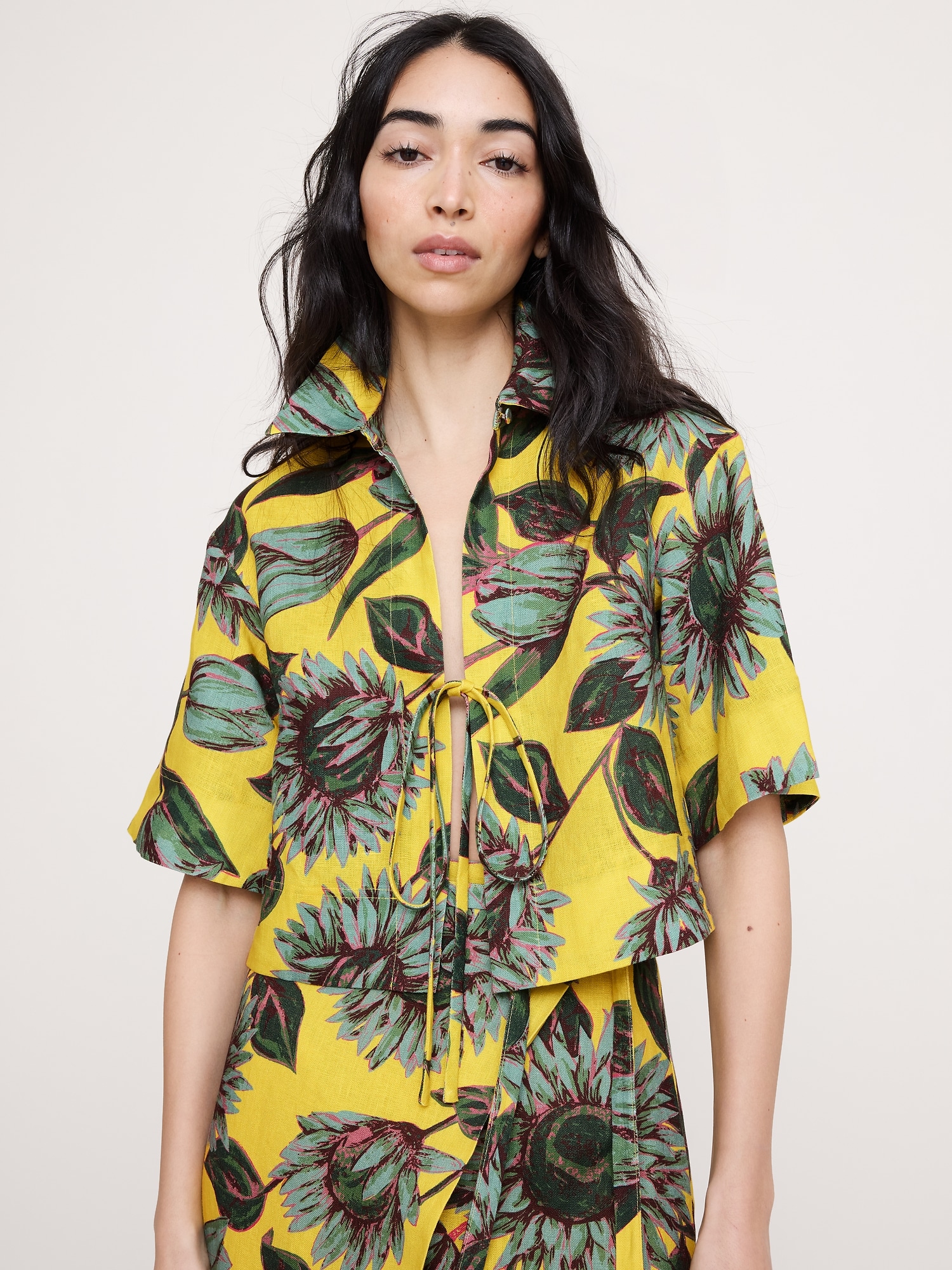 リネン タイフロント シャツ-0